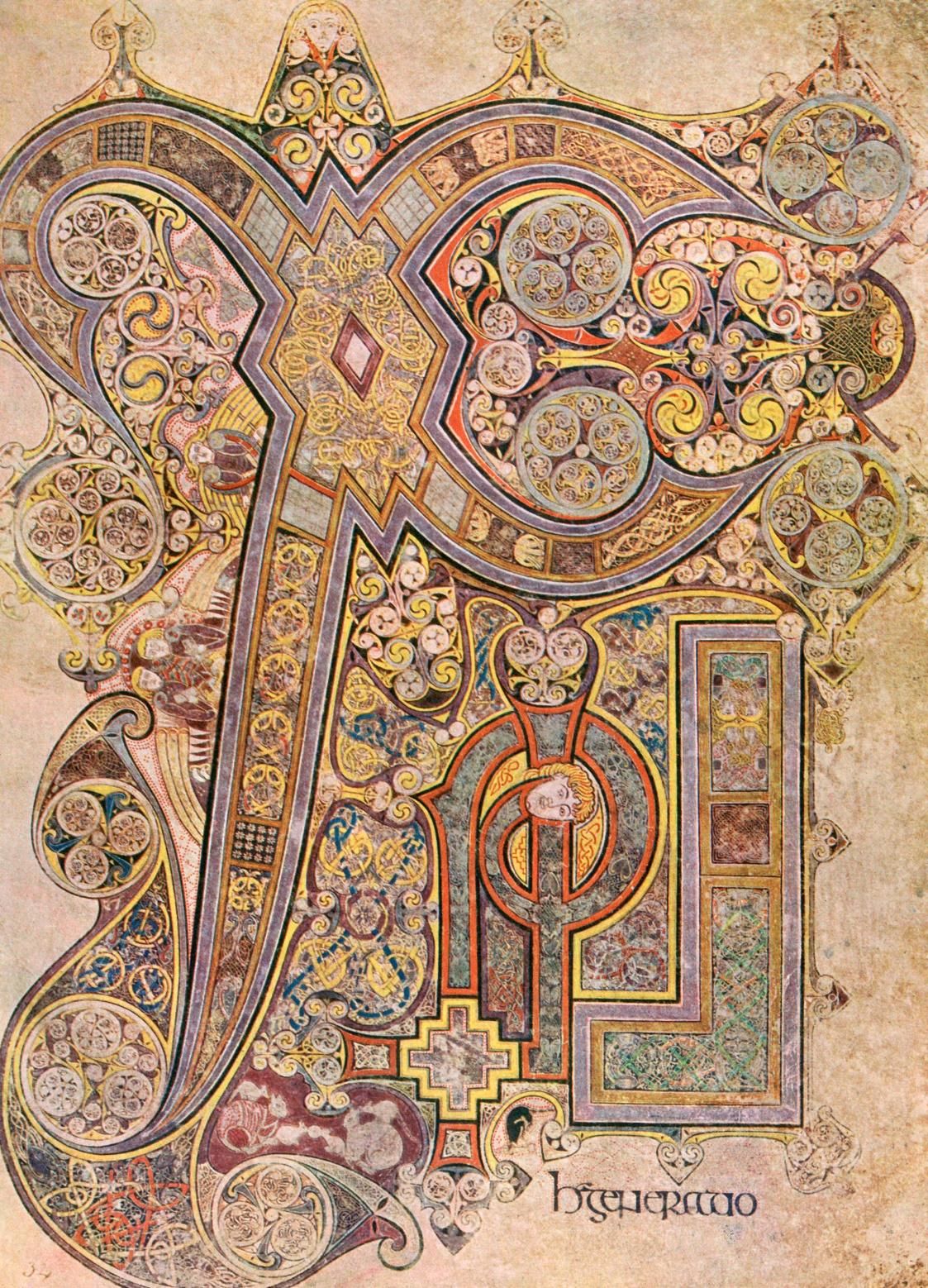 Folio 34r of the Book of Kells (c. 800 AD), Trinity College Dublin — the Chi Rho monogram, intricate compartmentalised design with numbered articles.