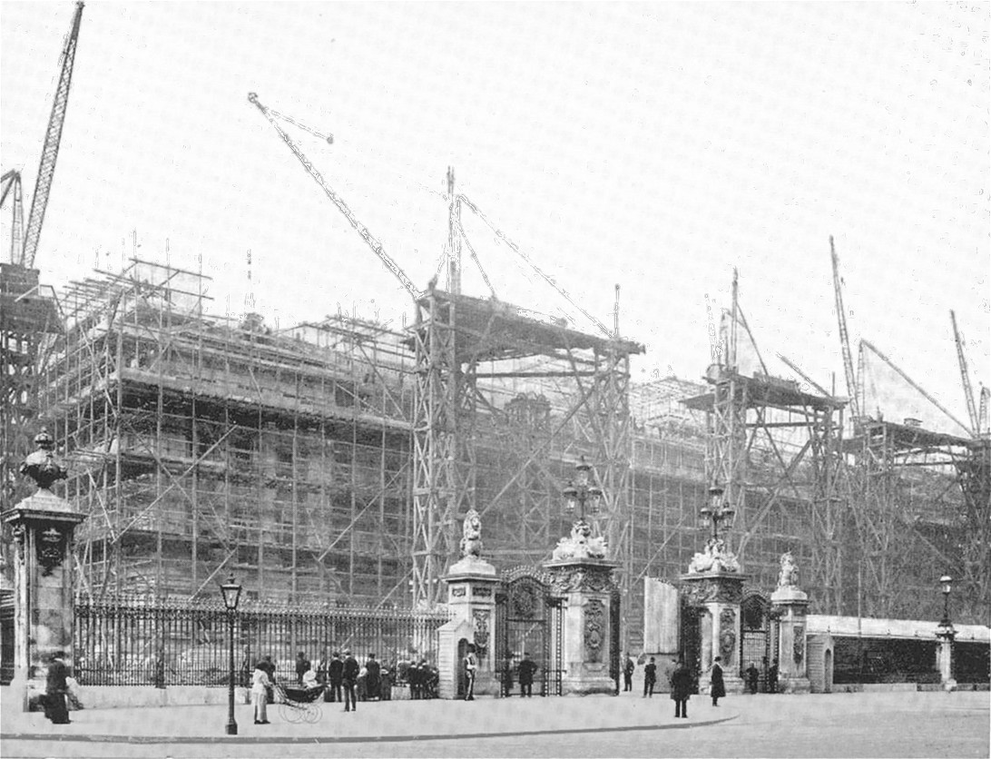 Reconstruction of Buckingham Palace, 1913 — elaborate scaffolding around the building work, structure carrying weight that didn't need to.