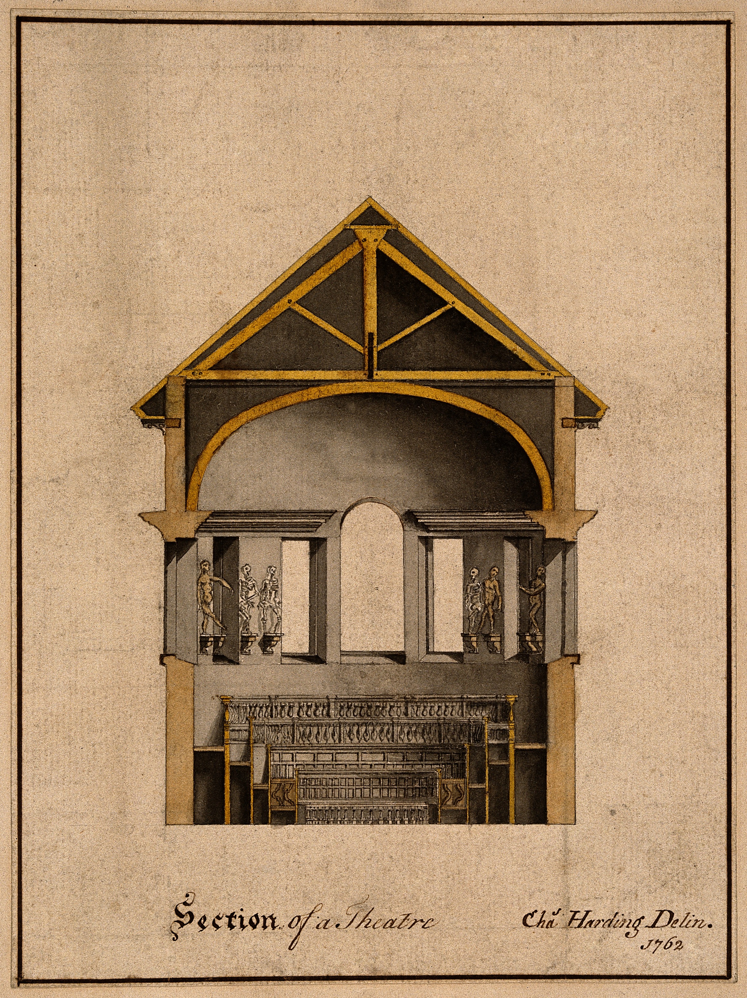 An 18th-century watercolour cross-section of an anatomy theatre &mdash; clean linework, foundational architecture being drawn.