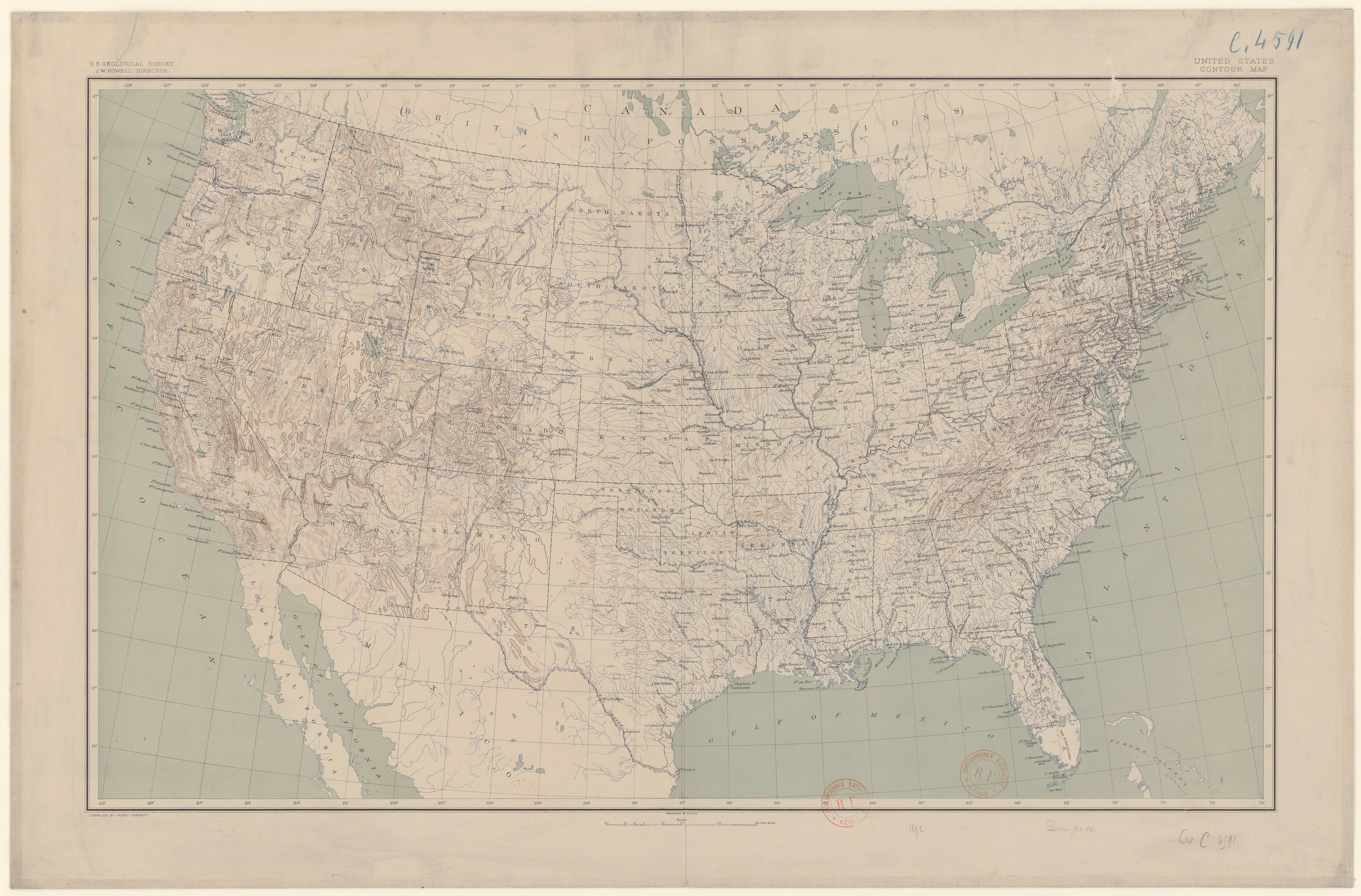 A late-19th-century United States contour map compiled by Henry Gannett — clean topographical linework, the new shape made legible.