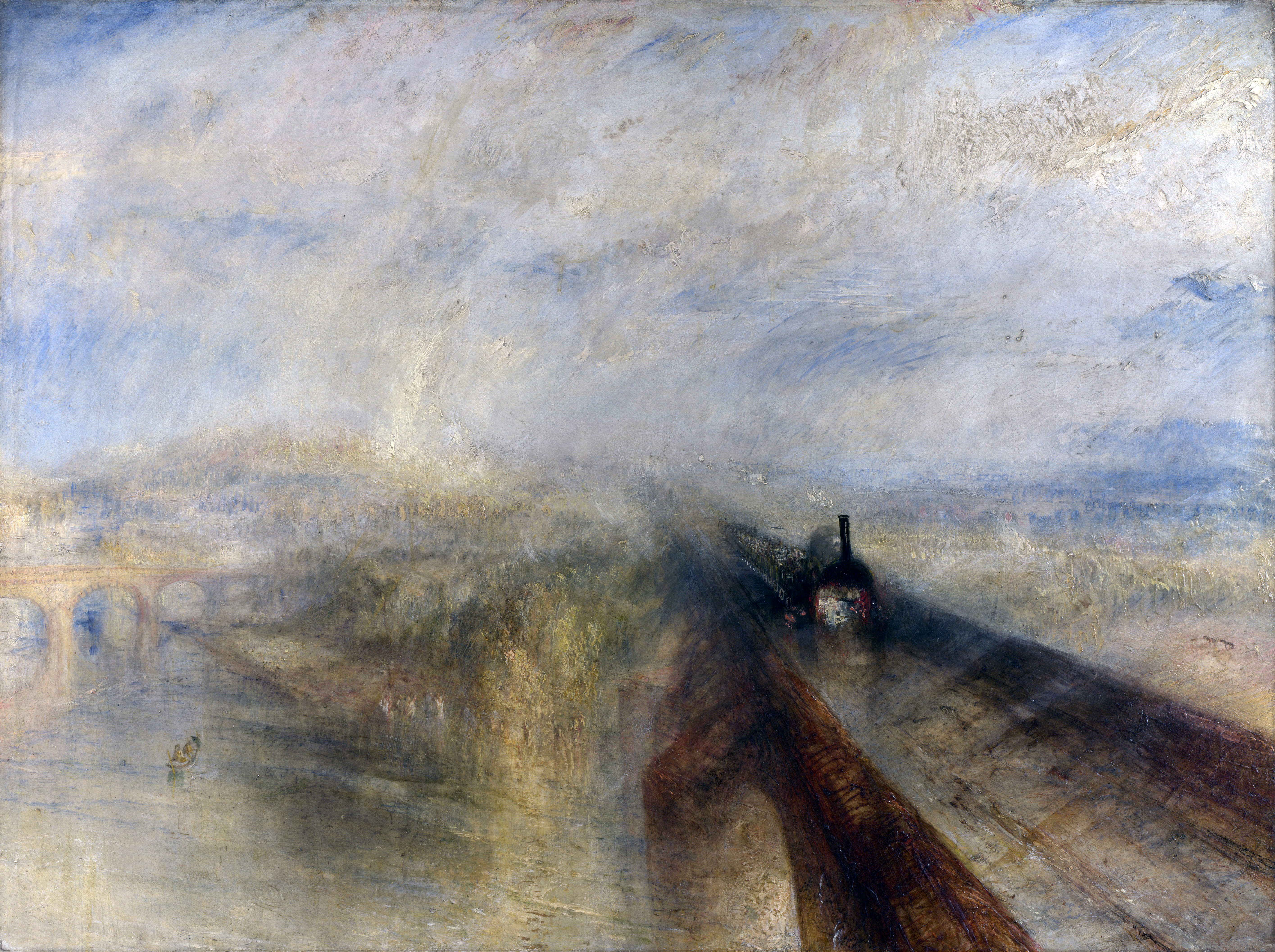 J.M.W. Turner, Rain, Steam and Speed: The Great Western Railway (1844, National Gallery London) — a train cuts through a landscape on a converging diagonal, technology and weather arriving at the same point.