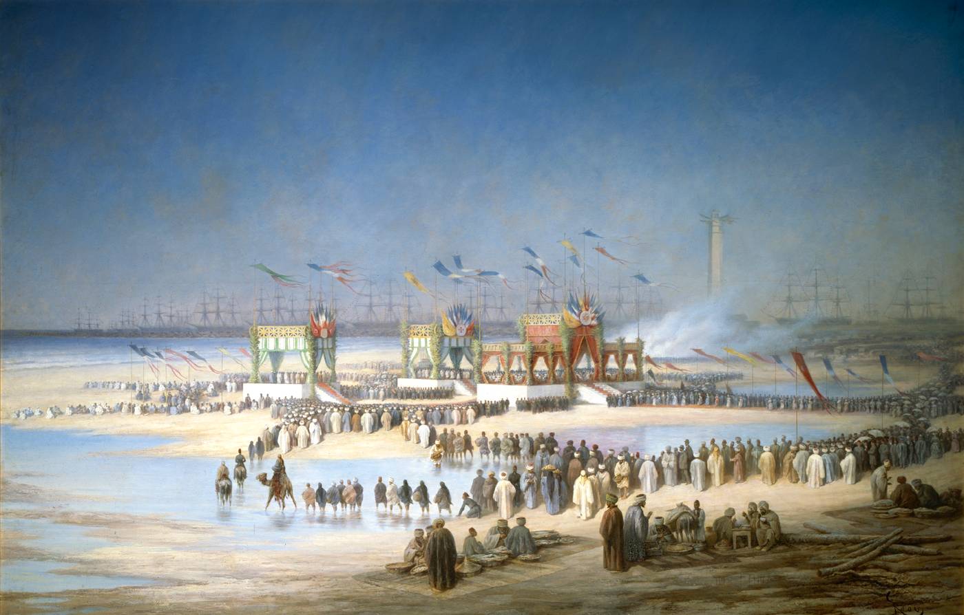 Édouard Riou, L'inauguration du canal de Suez à Port-Saïd, 17 novembre 1869 (1869) — fleet at anchor in the new basin on the morning the canal opened, flags up, crowds along the breakwater, the pipeline taking its first traffic.