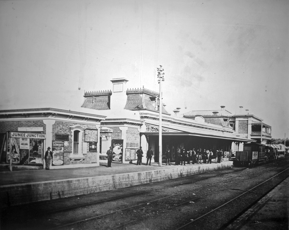 Junee Junction Railway Station, c. 1890 — multiple lines arriving at a single Victorian-era hub, period photograph.