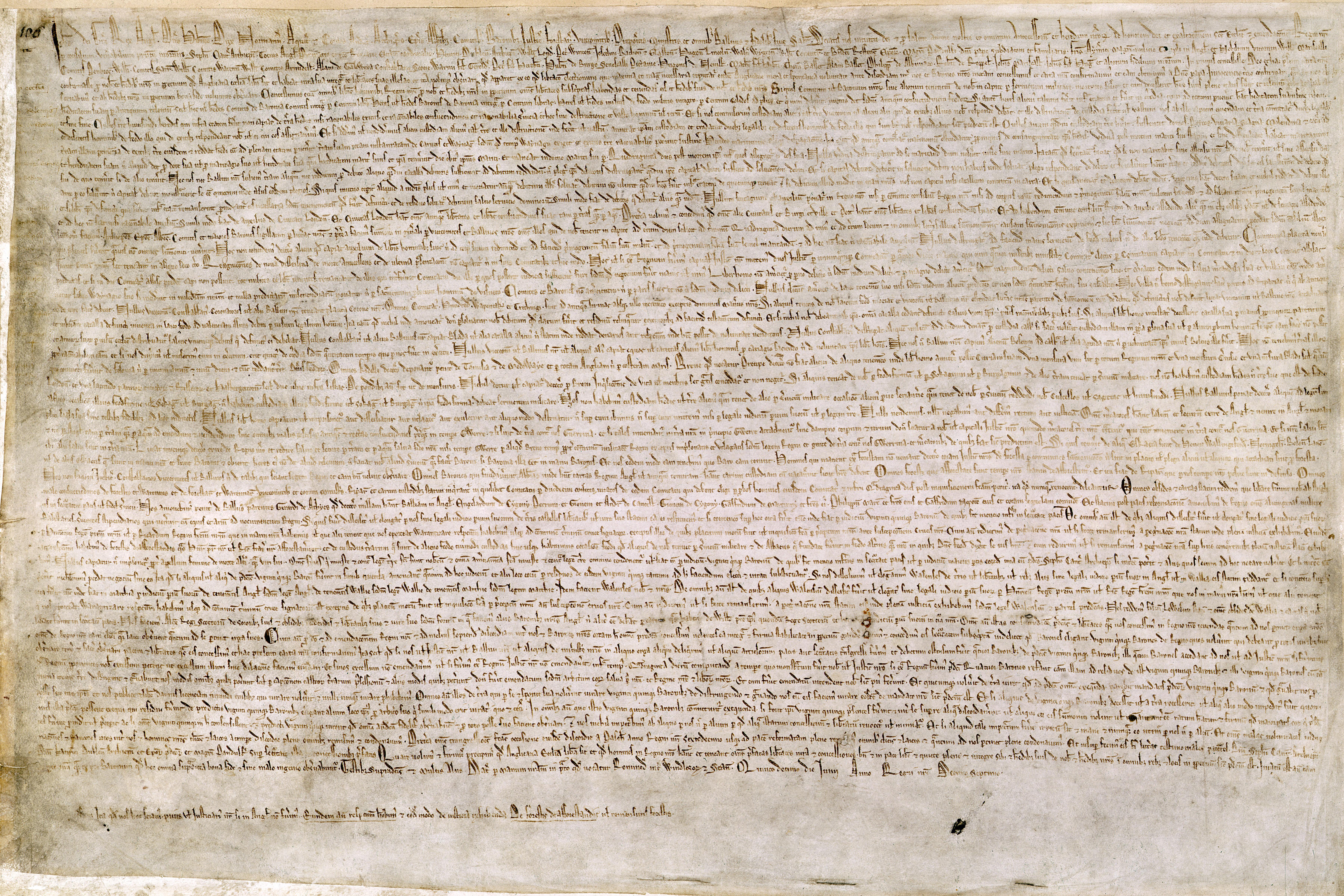 The Magna Carta (1215, British Library Cotton MS Augustus II.106) — formal contract, dense calligraphy, structural commitment.