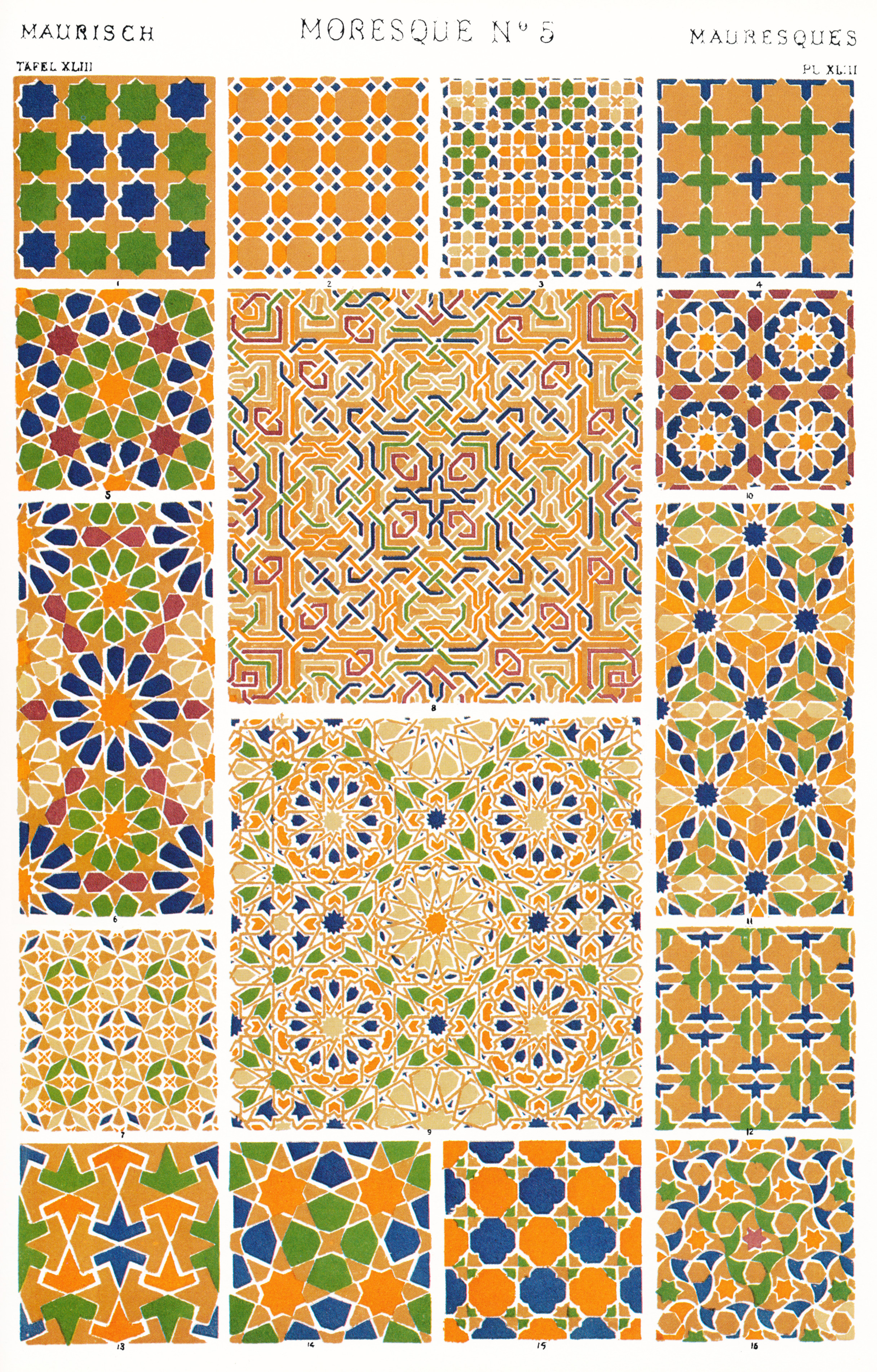 Owen Jones, The Grammar of Ornament, Plate XLIII (Moresque No. 5, 1856 / 1868 folio) — chromolithograph showing variants of a single ornamental principle, the same logic expressed in many forms.