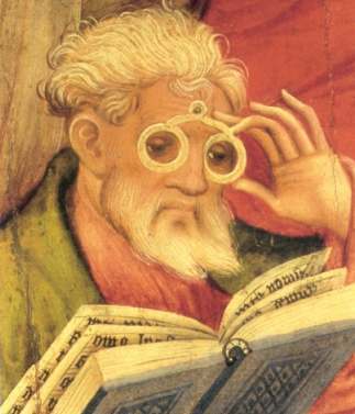 Conrad von Soest, Brillenapostel (1403) — the earliest pictorial evidence of eyeglasses in European art, an apostle reading with cognitive aid.