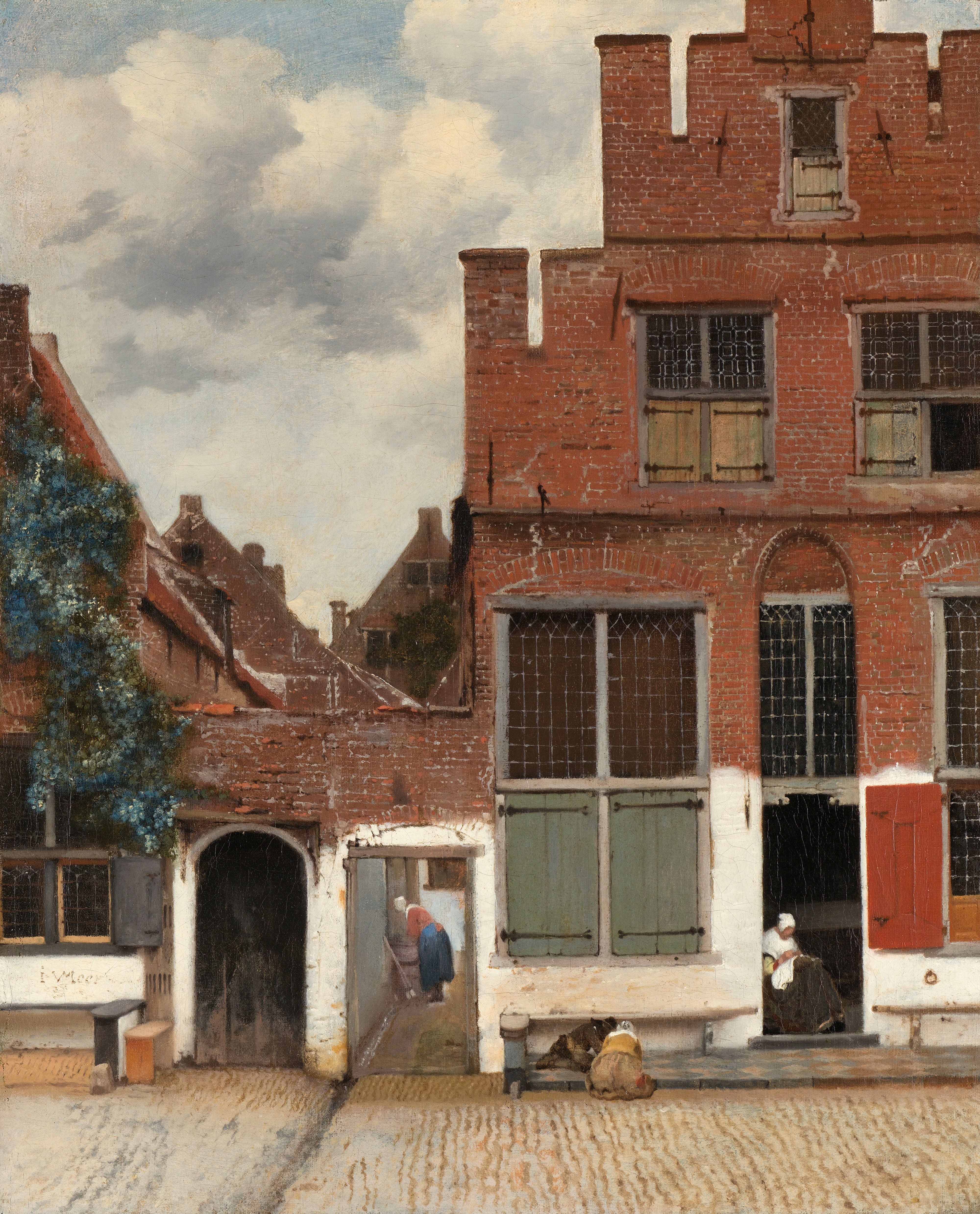 Johannes Vermeer, The Little Street (c. 1657–1658), Rijksmuseum — figures at thresholds, the inside and the outside meeting at the door.