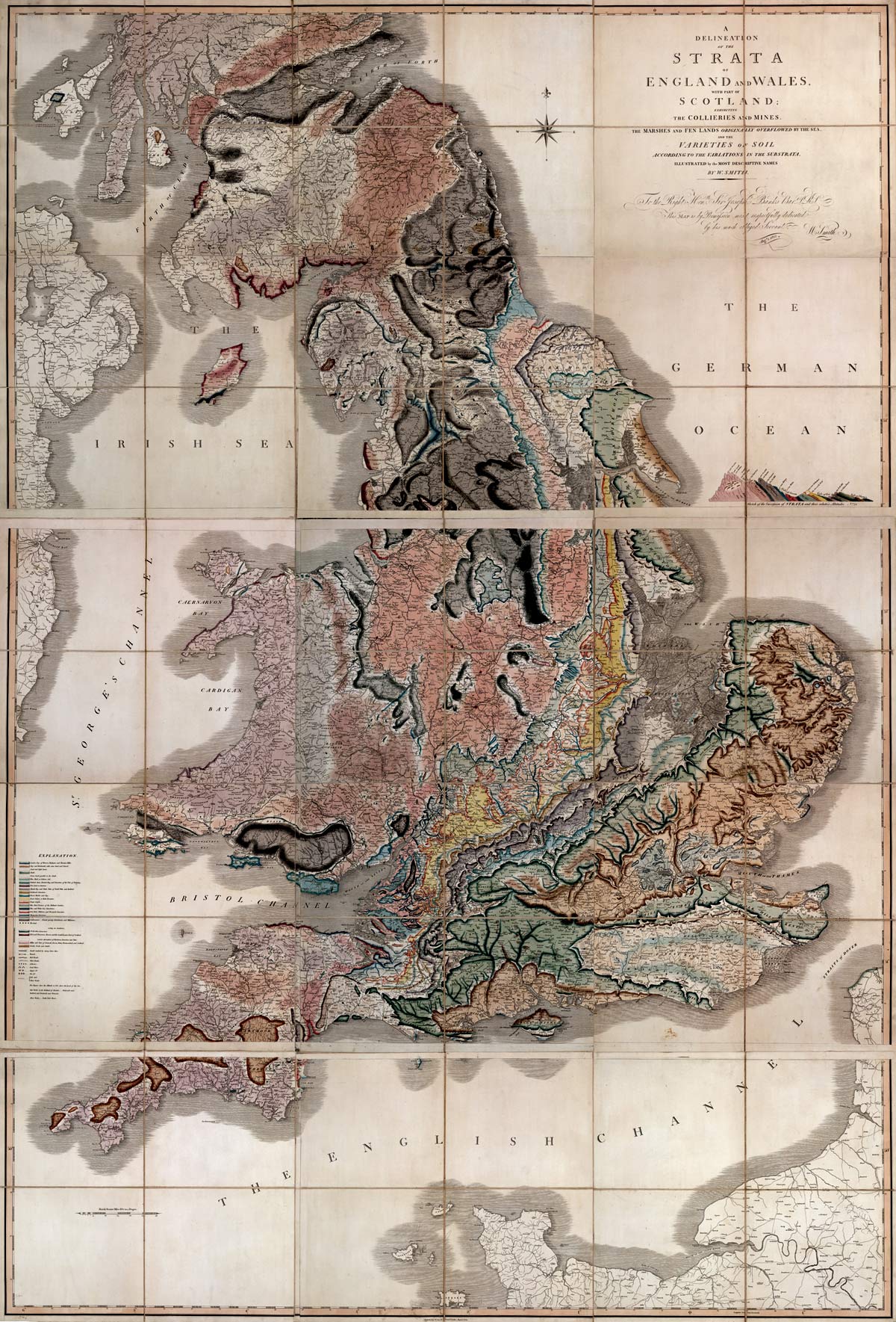 William Smith's 1815 geological map of England — strata laid down in colour, layered structure made visible across the landscape.